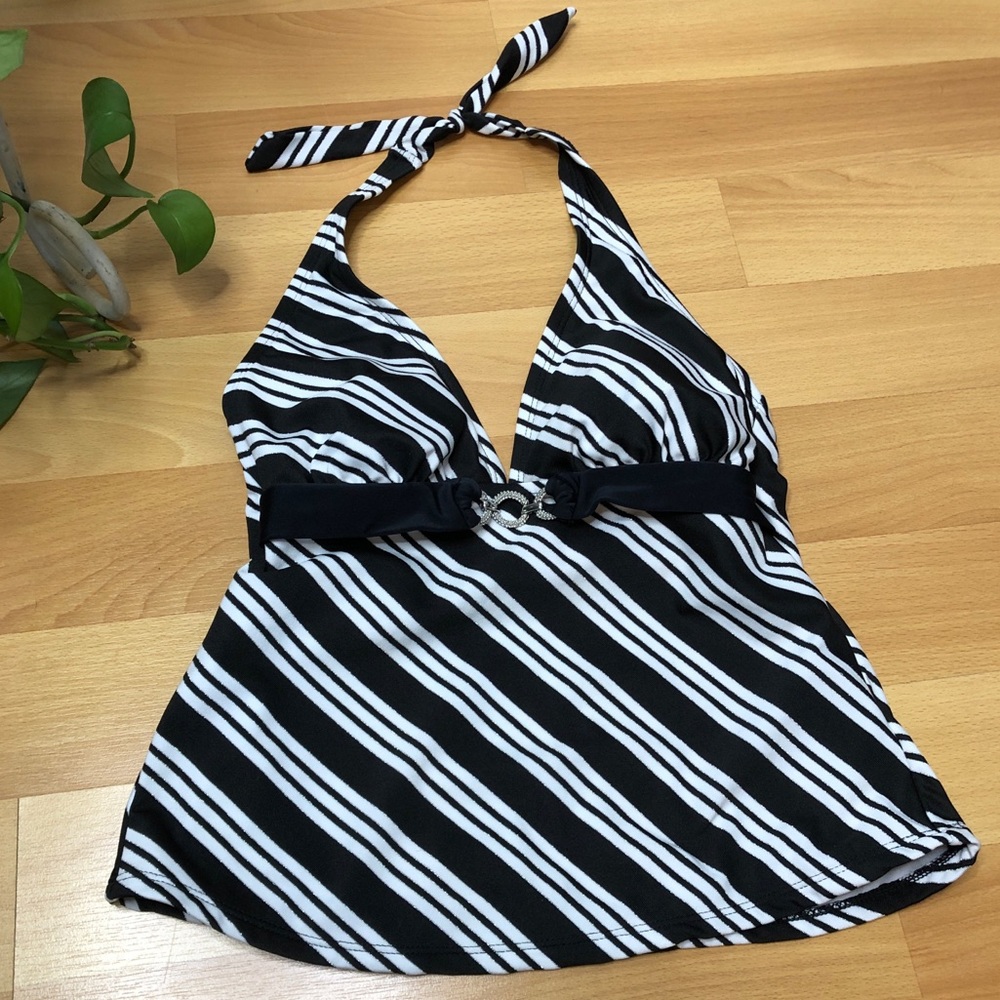 Merona Swim Tankini Black White Stripe Sparkle | S